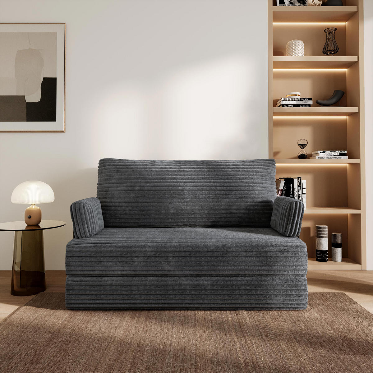 BETTSOFA LADIA aus Schaumstoff Cordstoff Grau Schlaffunktion - Dunkelgrau, Textil (140/86/60cm) - MASSENO