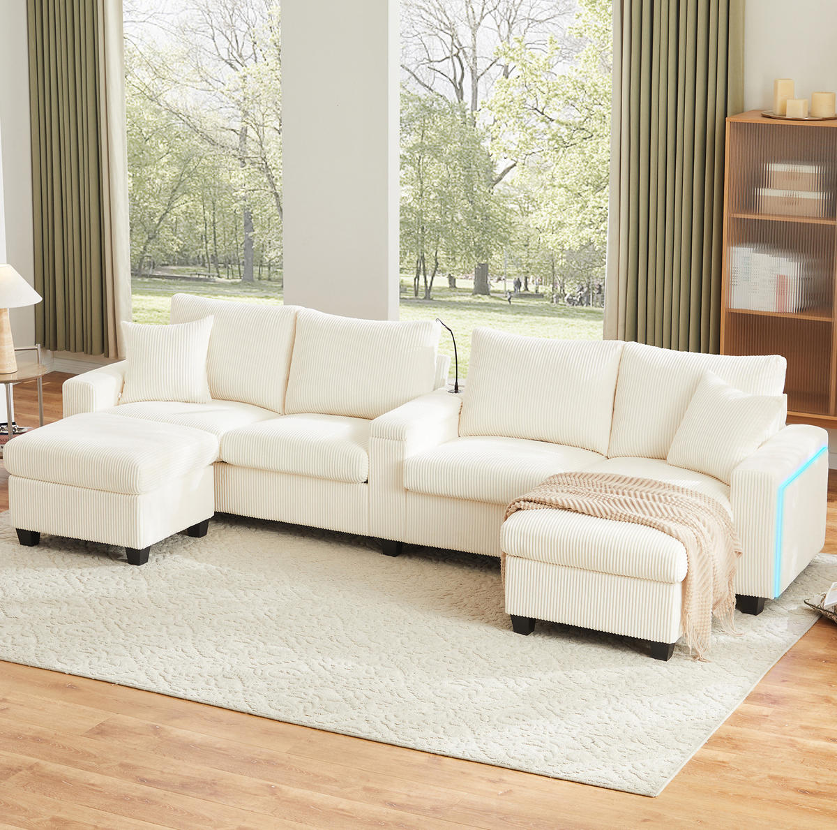 SOFA U-Form mit 2 Hockern 334 x 128,5 x 81 cm Cord Beige - Beige, Kunststoff (128.5/81/334cm) - Meubliv
