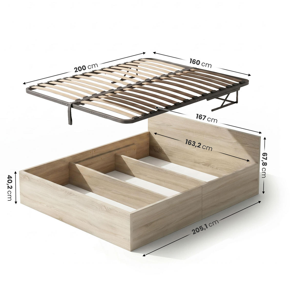 BETT mit Bettkasten 160x200 cm Metalllattenrost Sonoma Eiche - Sonoma Eiche, Holzwerkstoff (160/200cm) - Akord