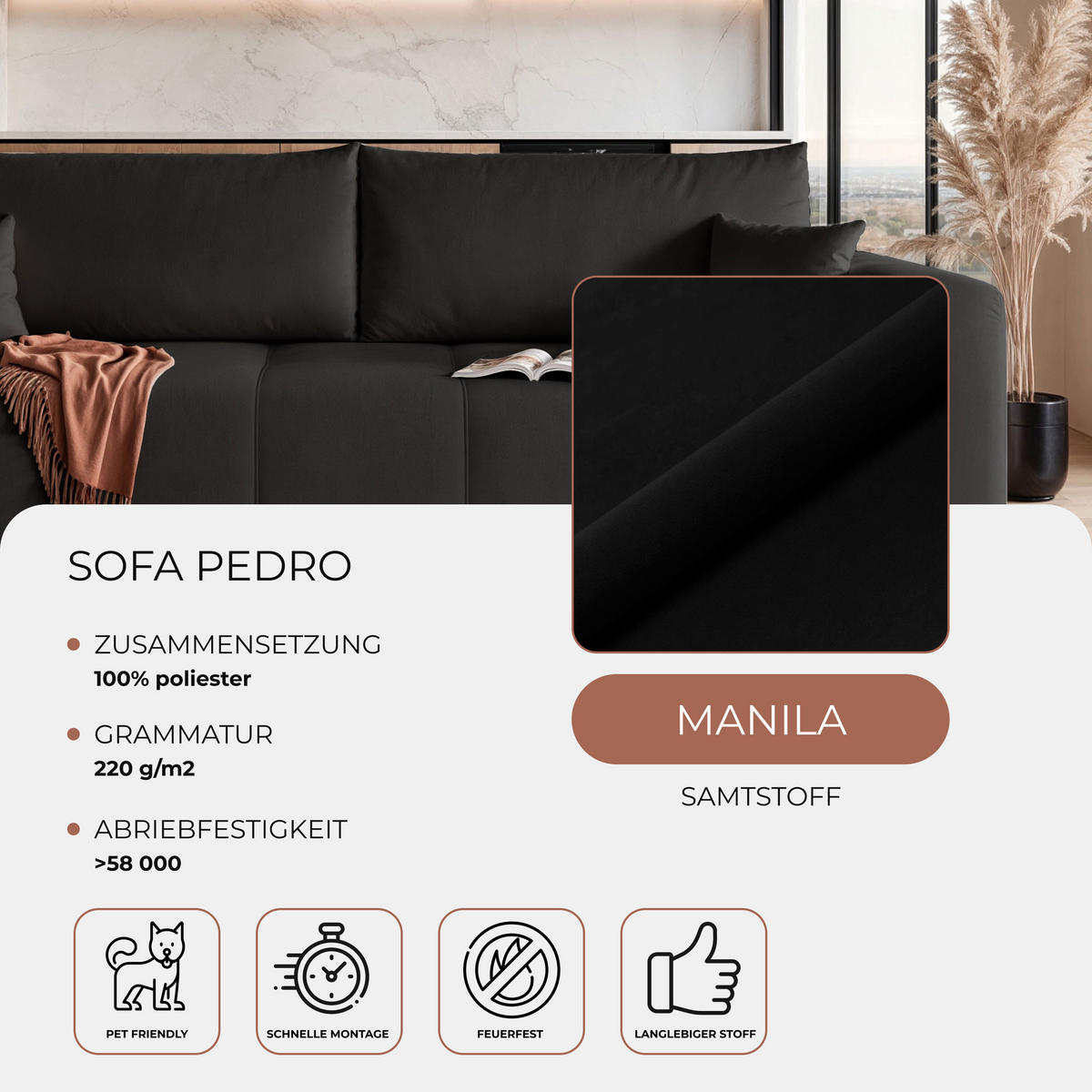SCHLAFSOFA Velours mit Bettkasten und Schlaffunktion - Schwarz, Holzwerkstoff/Textil (246/79/93cm) - Idohome