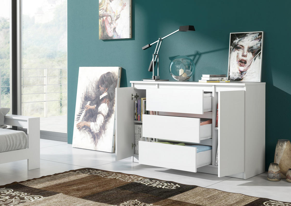 KOMMODE NUDO 138,5/78,2/39cm mit 3 Schubladen 2 Türen Weiß - Weiß, Holzwerkstoff (138.5/78.2/39cm) - MASSENO