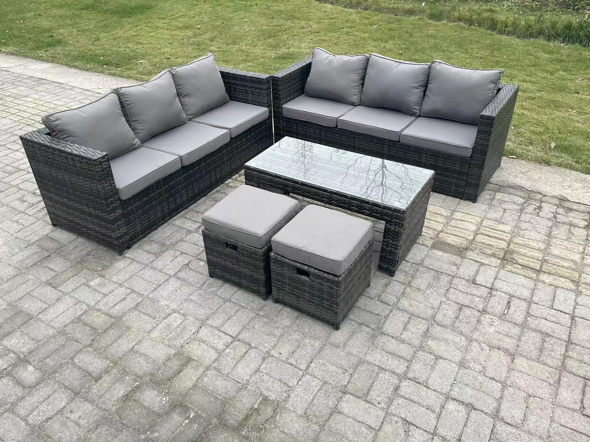GARTENMÖBELSET mit Couchtisch Polyrattan 8-Sitzer - Dunkelgrau/Grau, Glas/Kunststoff - Fimous