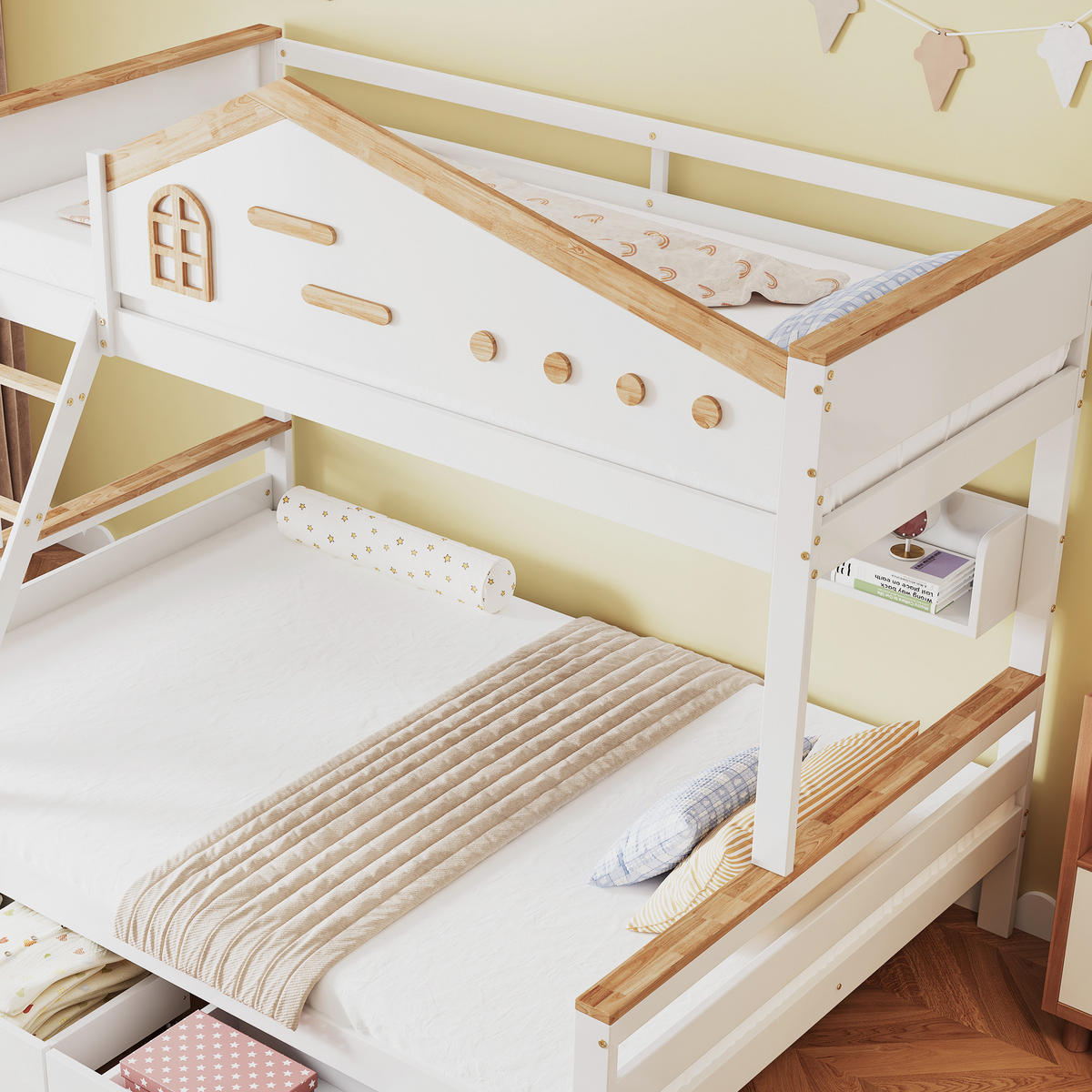 ETAGENBETT 90/200 cm und 140/200 cm Weiß+Natur mit zwei Schubladen und Sicherheitsgitter - Weiß, Holzwerkstoff (90/200cm) - OKWISH
