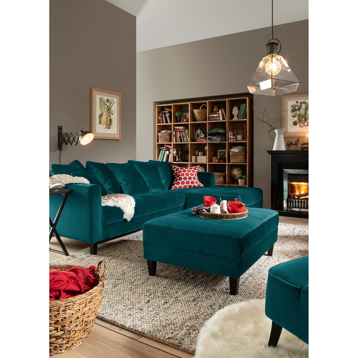 ECKSOFA mit Ottomane - Samt - Türkis, Textil (254/165cm) - home24