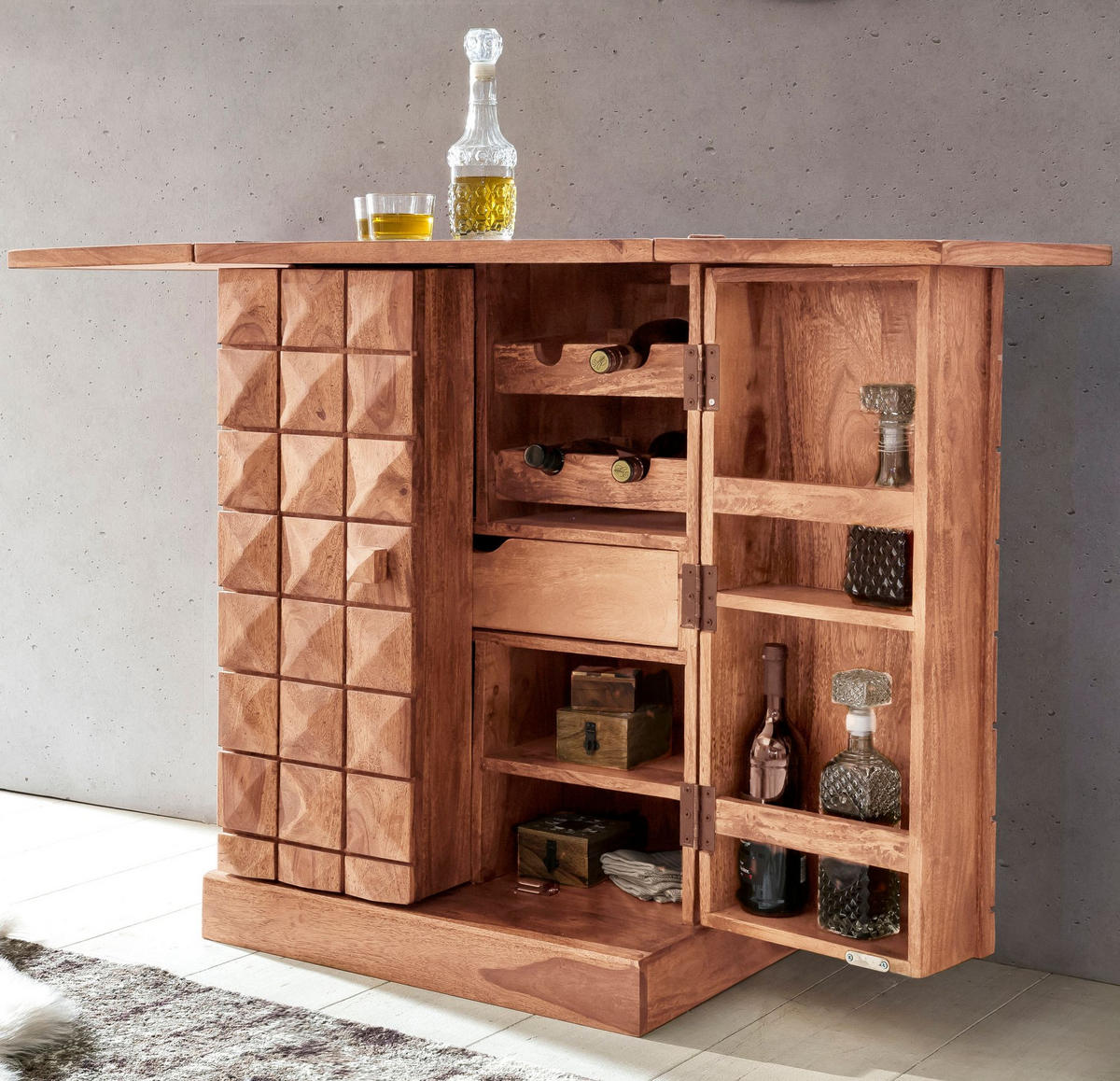 HAUSBAR aus Massivholz mit Klappfunktion und Stauraum für Flaschen und Gläser, Akazie 65x50x91 cm - Akaziefarben, Holz (65/91/50cm) - KADIMA DESIGN