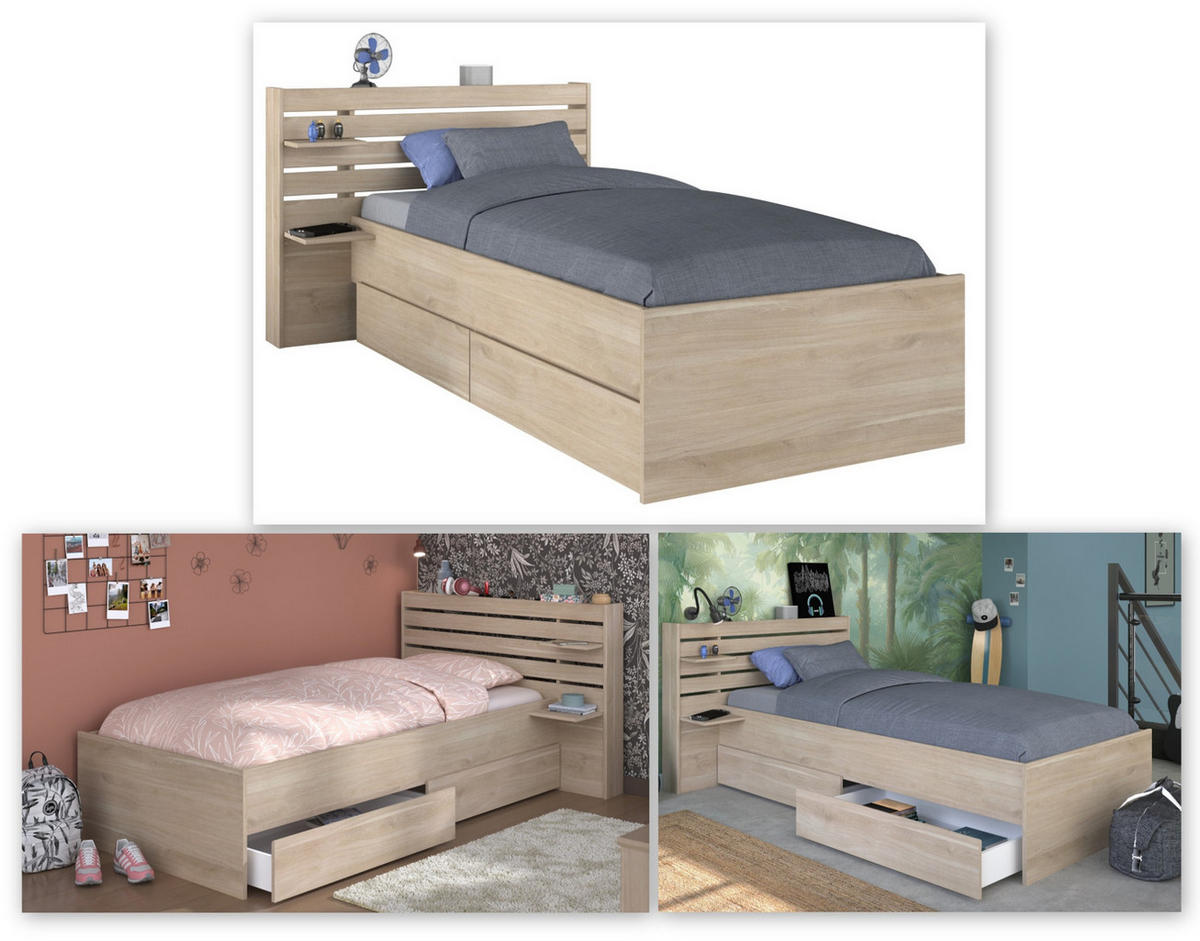 STAURAUMBETT Jugendzimmer Bett 90 x 200 mit 2 x Bettschubkasten - Eichefarben, Holz/Holzwerkstoff (200/90cm) - Parisot Meuble
