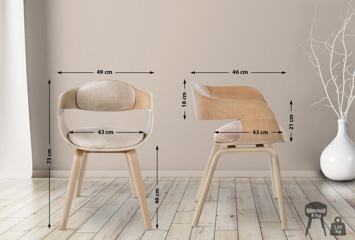 ARMLEHNENSTUHL 2er Set Stoff Natura/Creme - Eukalyptusholzfarben/Creme, Holz/Textil (49/73/46cm) - CLP