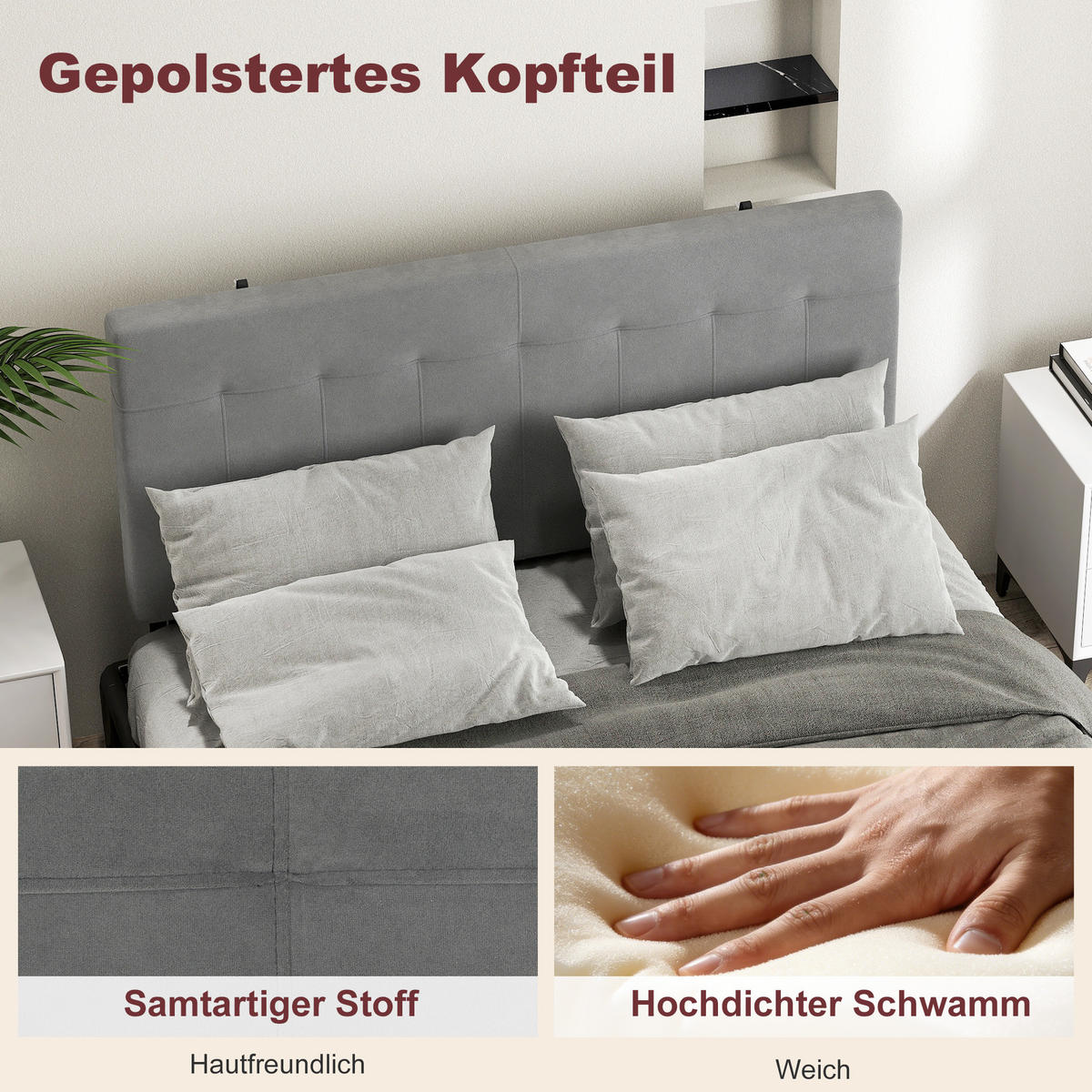 KOPFTEIL 3-fach höhenverstellbar Bettkopfteil mit Metallbeinen Samtoptik Grau - Grau, Textil/Metall (10/126/140cm) - HOMCOM