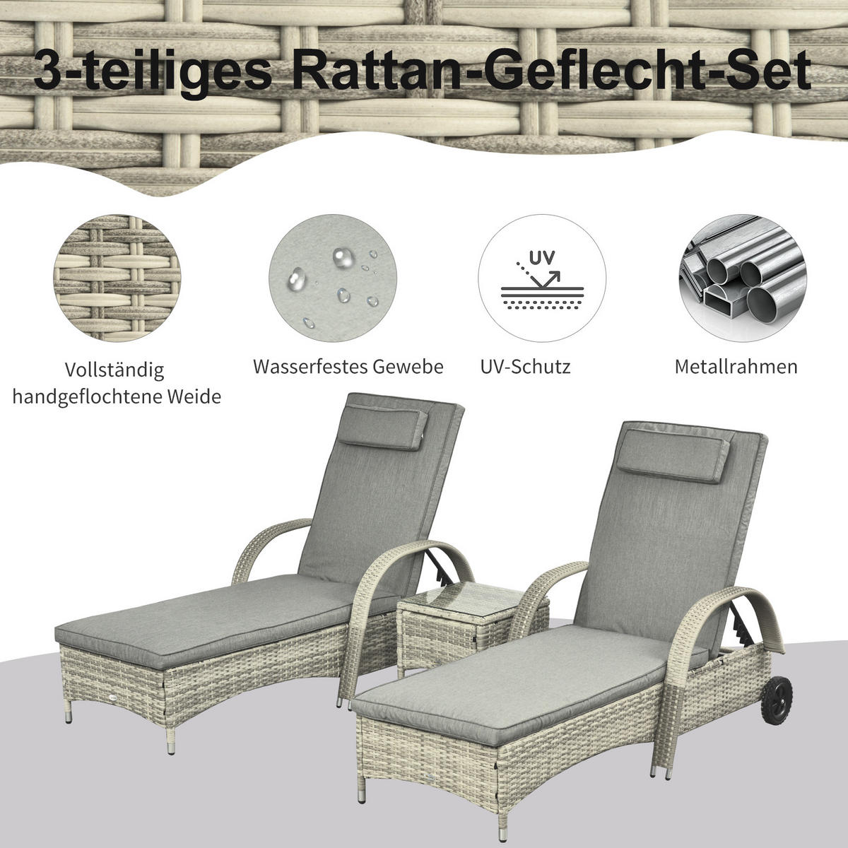 GARTENMÖBEL, Polyrattan+Metall Grau - Grau, Kunststoff - Outsunny