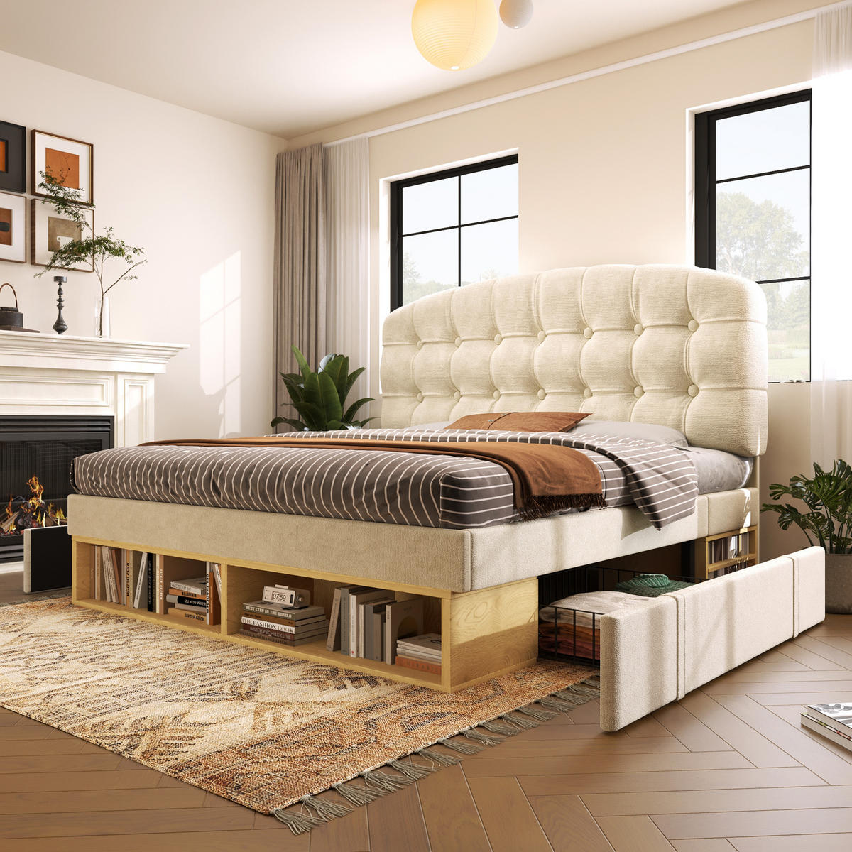 POLSTERBETT 90/200 cm in Beige mit Schubladen, Regalfächern und Lattenrost Samt mit verstellbarem Kopfteil - Beige/Grau, Holzwerkstoff/Textil (90/200cm) - STILVORA