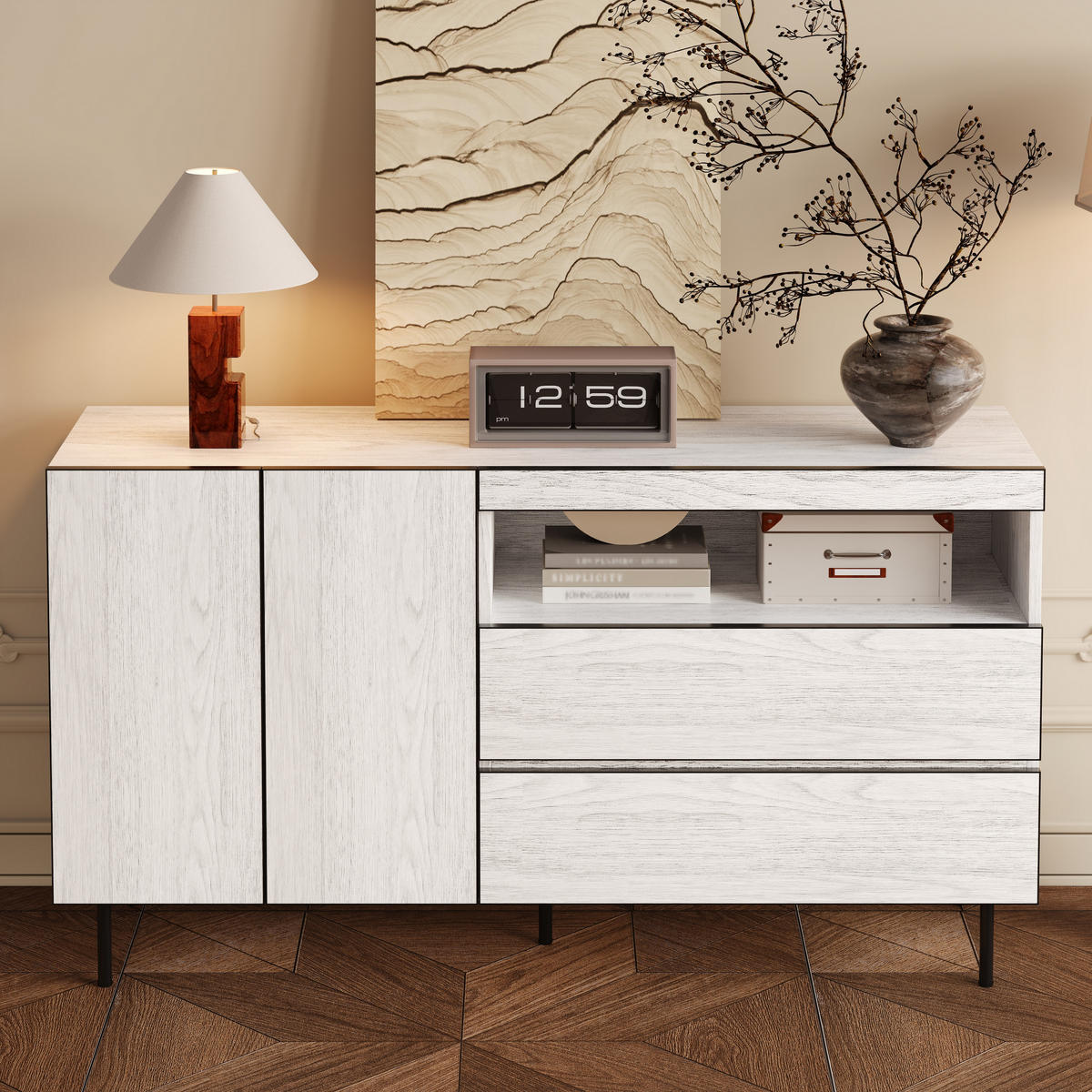 SIDEBOARD Weiß gekälkte Holzoptik, mit 1 Tür, 3 Schubladen und offenen Fächern, 140/42/77 cm - Weiß, Holzwerkstoff (140/77/42cm) - WISHDOR