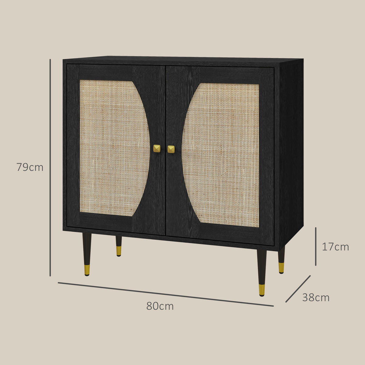 SIDEBOARD DE-11084 Boho-Design mit 2 Türen & Rattan-Front Schwarz - Schwarz, Holzwerkstoff (80/79/38cm) - ComfortXL