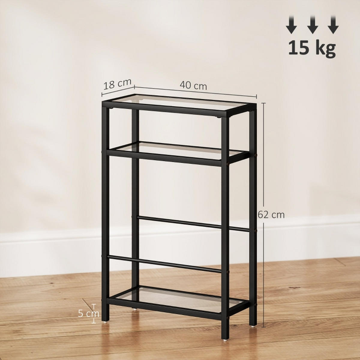 BEISTELLTISCH 40/18/62 cm schwarz aus Glas mit 3 Ablagen - Schwarz, Glas (40/18/62cm) - OKWISH