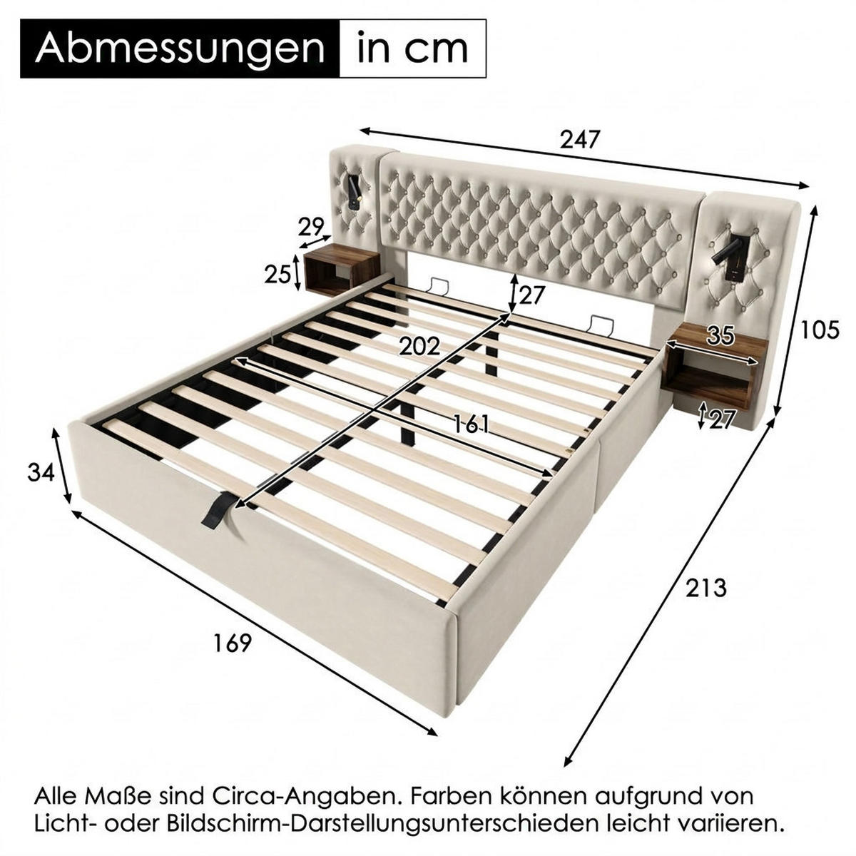 POLSTERBETT 160/200 cm Beige mit 2 Nachttischen und USB Ladefunktion (Ohne Matratze) - Beige, Textil (160/200cm) - Oxeza