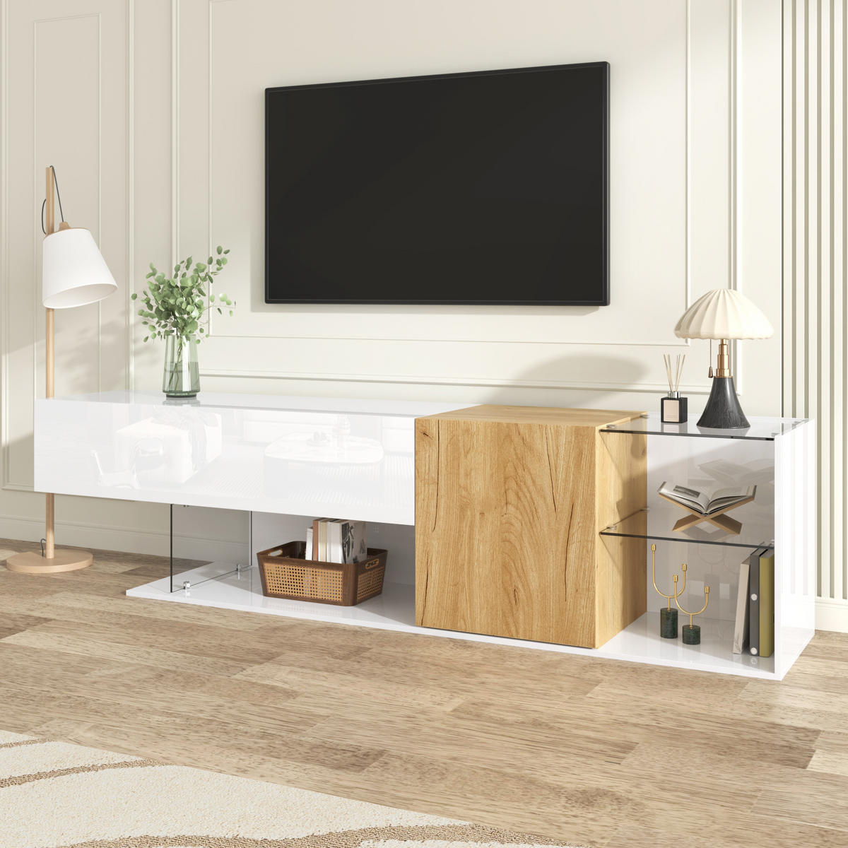 TV-KOMMODE in Hochglanz Weiß mit Holzoptik und Glasregalen 180/38/48 cm - Weiß, Holzwerkstoff (180/48/38cm) - Redom