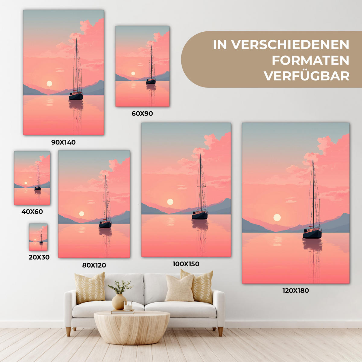 LEINWANDBILD Segelboot - Rosa Meer - Sonnenuntergang - Berge Deko Groß 90x140 cm - Rosa, Textil (90/140cm) - MuchoWow