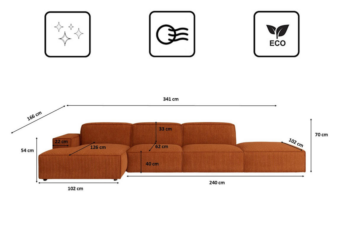 ECKSOFA Cursal L-Form, Stoff Poso, Kupfer + Hocker, Links - Orange, Holz (341/166cm) - Kaiser Möbel