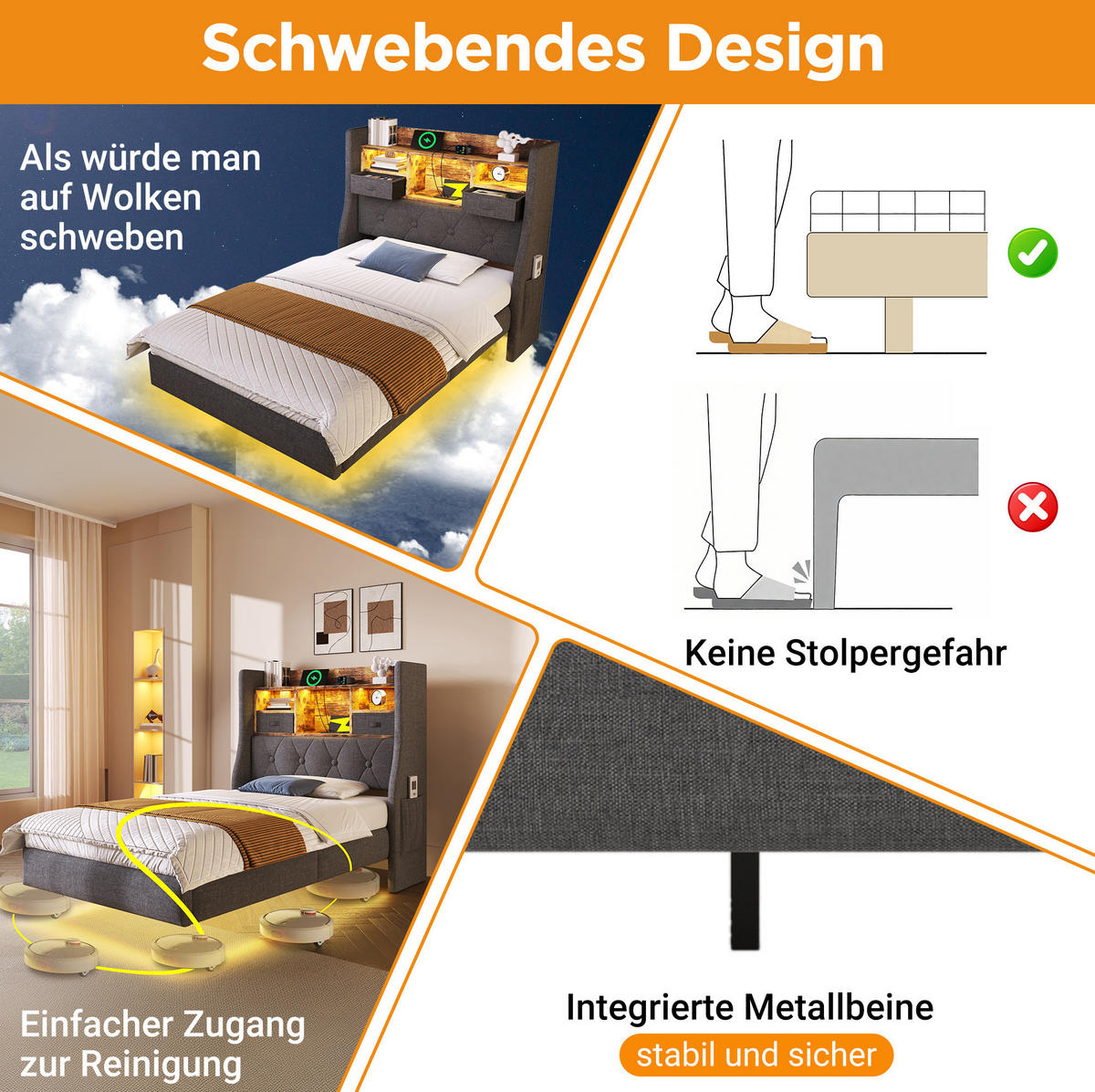 POLSTERBETT mit LED-Beleuchtung 90/200 cm mit Ladestation und Stauraum-Kopfteil - Grau, Textil (90/200cm) - BEAOK