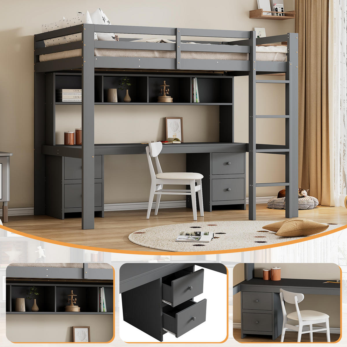 HOCHBETT 90x200cm Grau Kinderbett oben Tisch unten Stauraum - Grau, Holz (90/200cm) - FLIEKS
