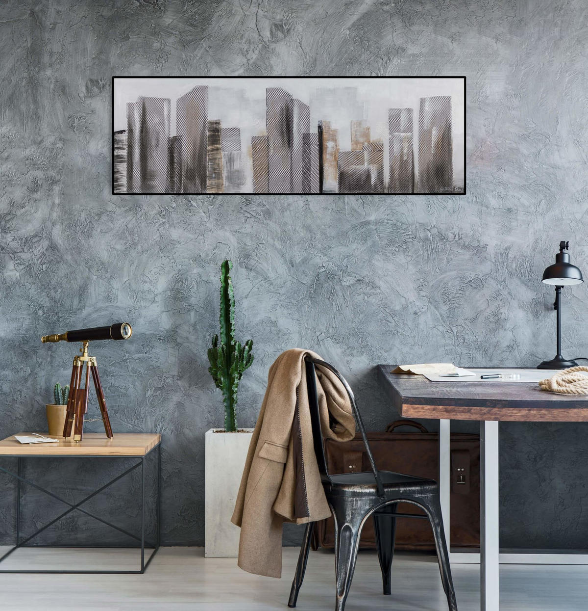 RUČNE MAĽOVANÝ AKRYLOVÝ OBRAZ 120/40 cm, sivý, krajinný motív - sivá, drevo/textil (120/40cm) - KUNSTLOFT