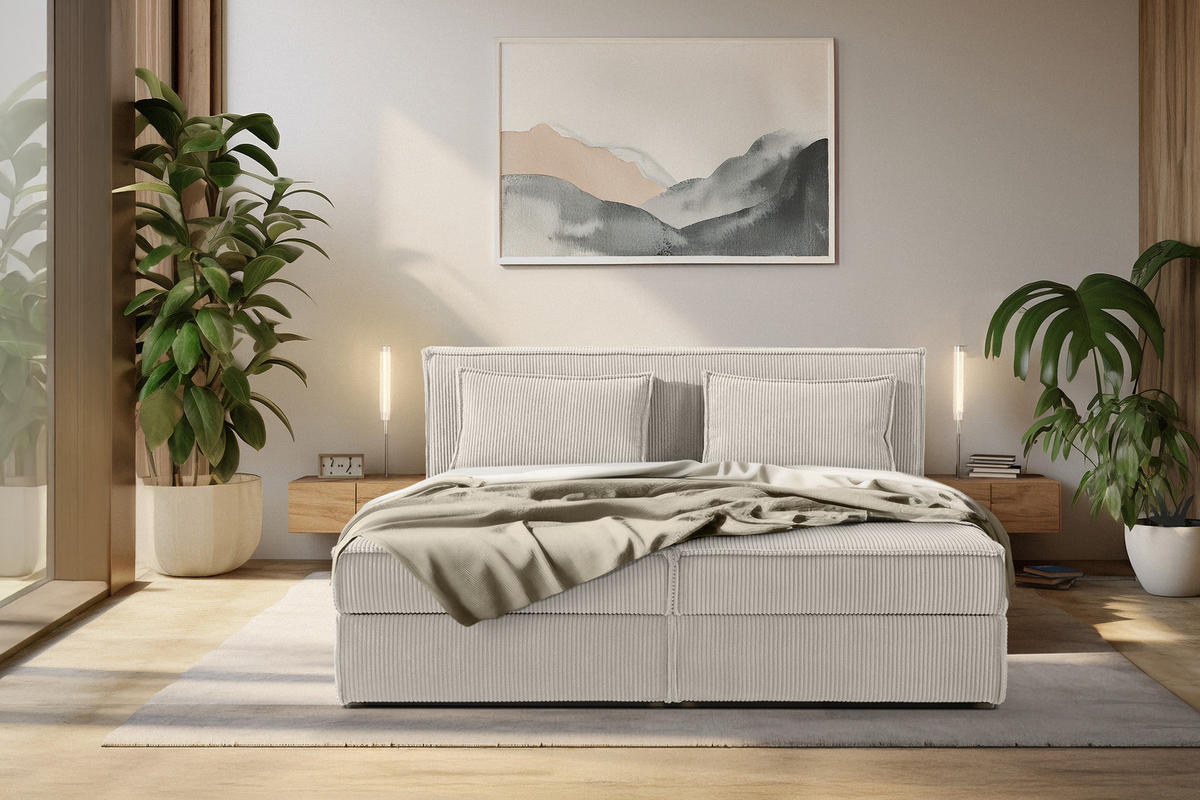 BOXSPRINGBETT ROTI mit Stauraum, cremefarben - Creme/Schwarz, Holz/Holzwerkstoff (180/200cm) - KONSIMO®