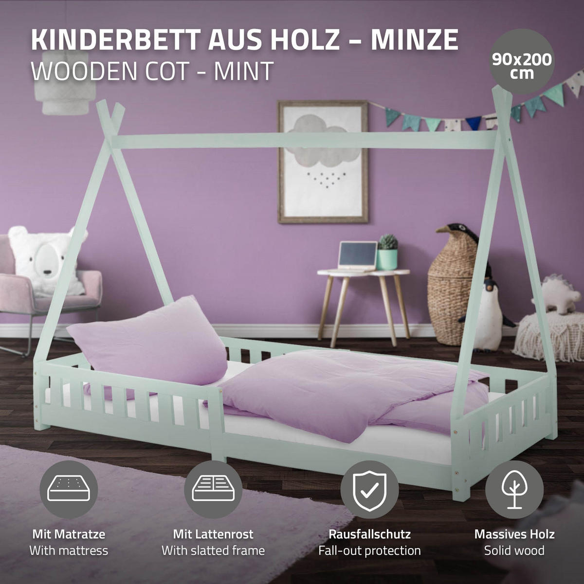 KINDERBETT Tipi mit Matratze 90x200 cm Mint - Mintgrün, Holz (90/200cm) - ML-DESIGN