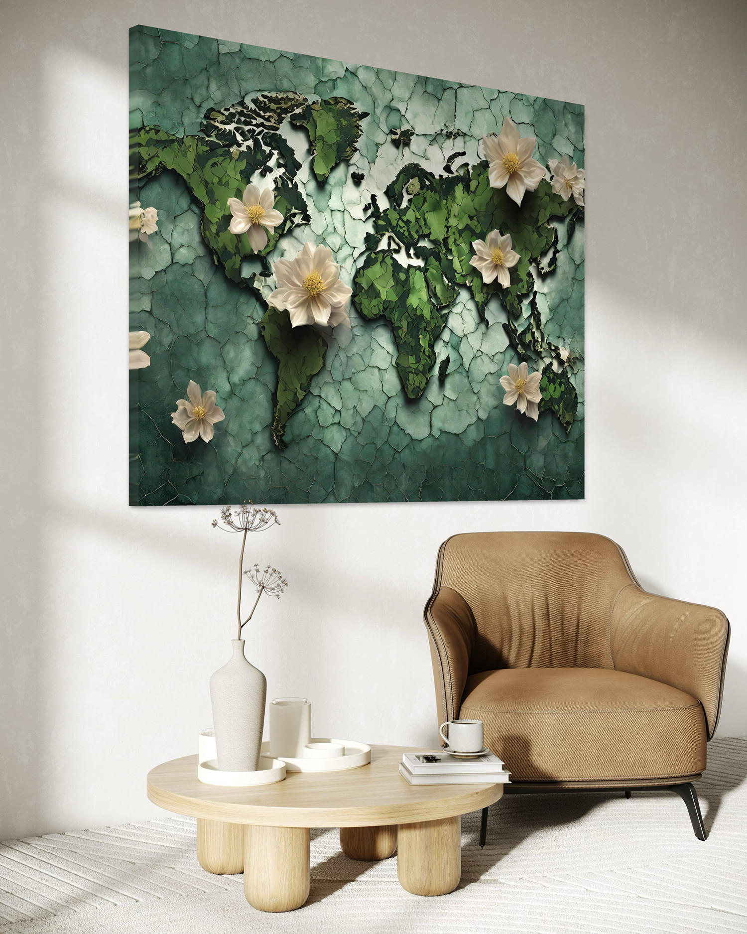 WANDBILD blumen weltkarte grün - Grün, Textil (60/40cm) - Feeby