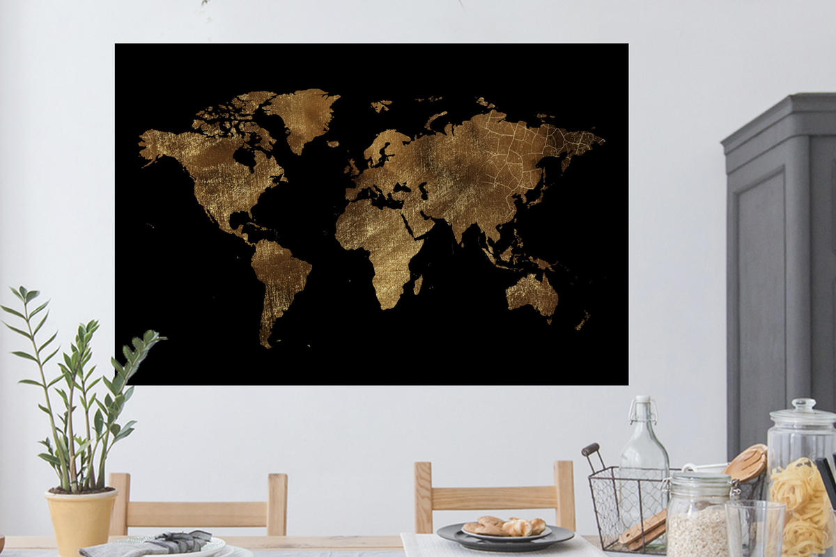 WANDTATTOO Weltkarte - Gold - Luxus - Erde - Schwarz 120x80 cm - Goldfarben, Kunststoff (120/80/0.1cm) - MuchoWow