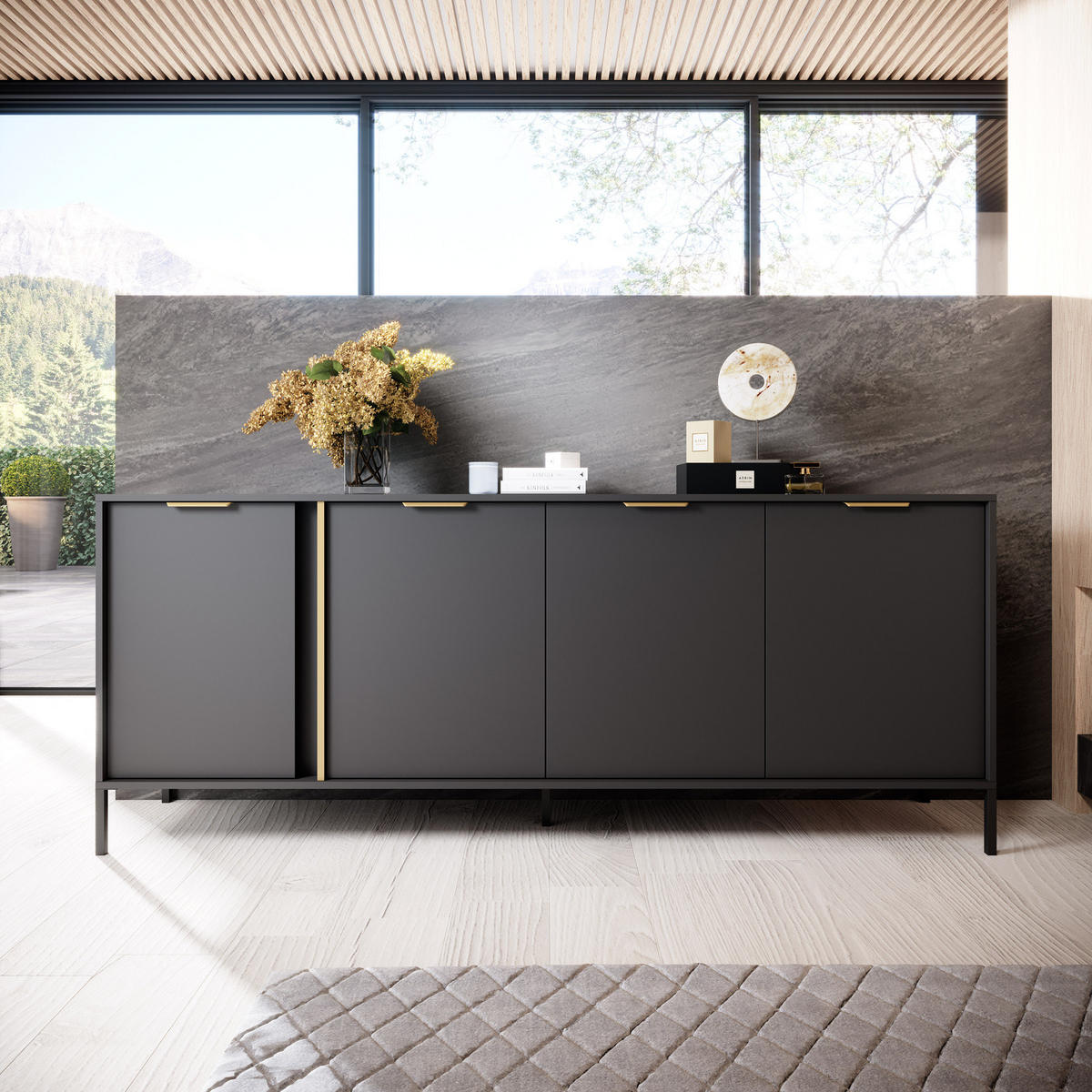 SIDEBOARD Valdi E 203 cm Anthrazit / Gold - mit 4 Türen - Anthrazit/Gelb, Holz/Holzwerkstoff (203/81/39cm) - Ravio
