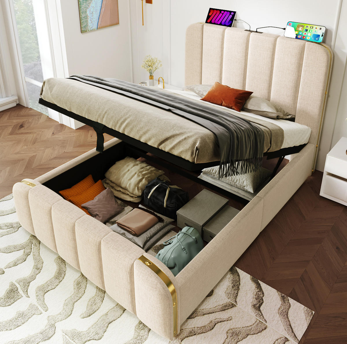 POLSTERBETT 90/200 cm beige aus Leinen mit Stauraum und USB-C - Beige, Textil (90/200cm) - OKWISH