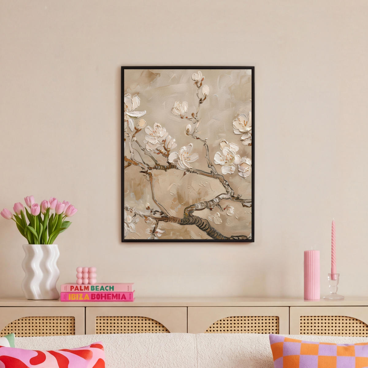 LEINWAND Bilder mit Rahmen - Blumen - Modern - Beige - Weiß - Blüte - 50x70 - Beige, Textil (50/70cm) - MuchoWow