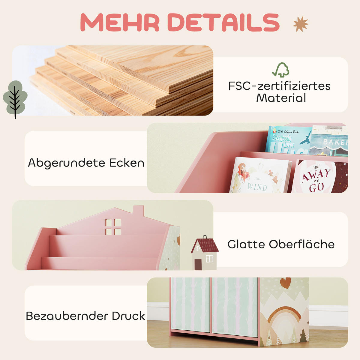 KINDER-BÜCHERREGAL MDF Vliesstoff Rosa - Rosa, Holzwerkstoff/Textil (30/91.5/62.5cm) - AIYAPLAY