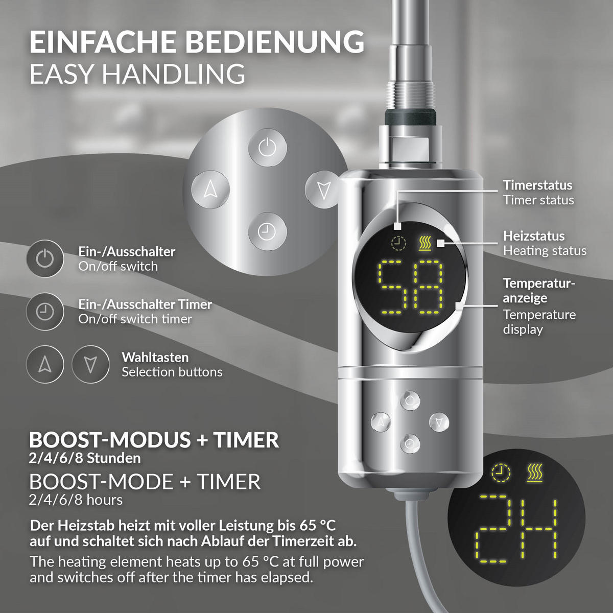 BADHEIZKÖRPER elektrisch Sahara 400x800 mm Chrome gebogen mit Heizstab 300W Digital - Chromfarben, Metall (40/80/3cm) - LuxeBath