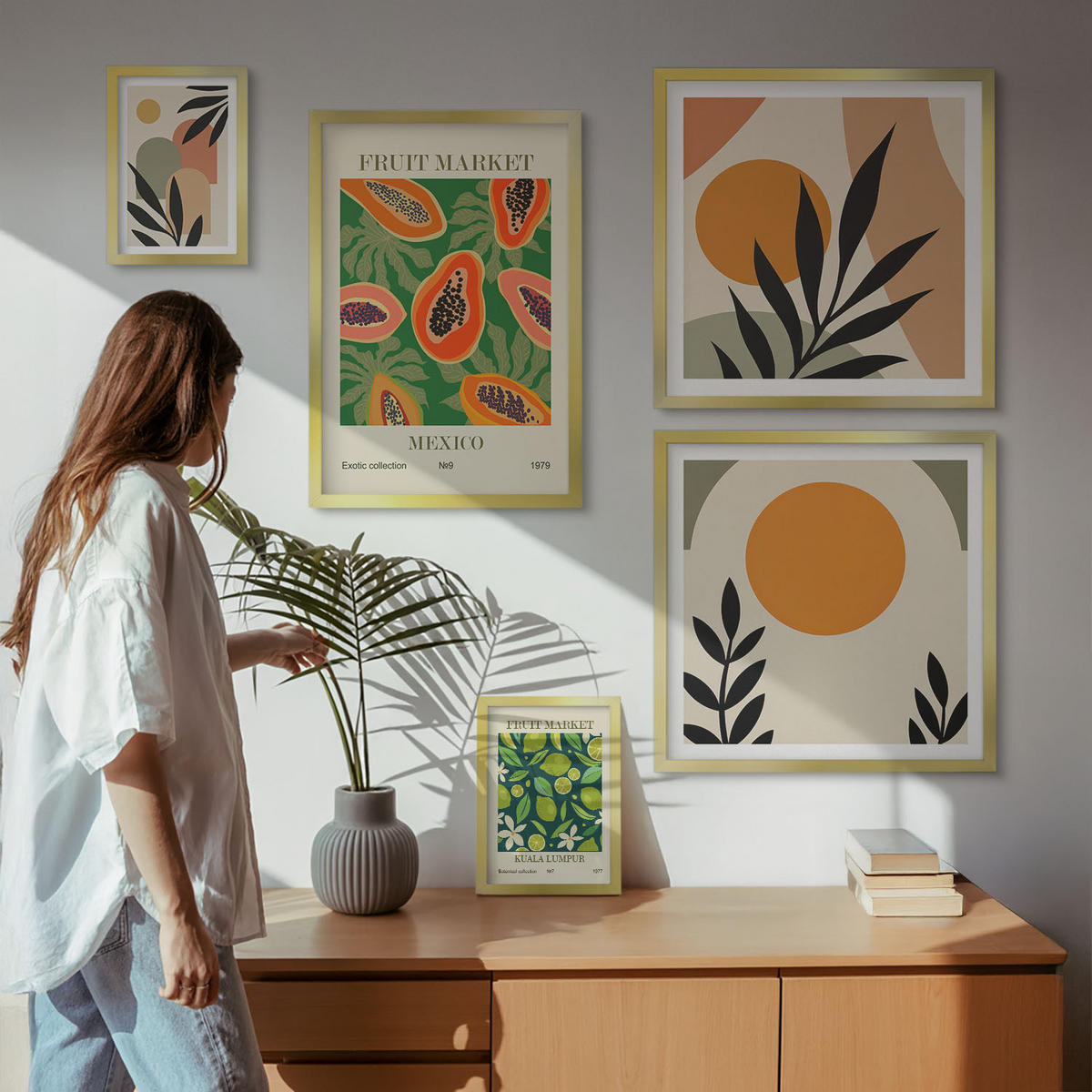 BILDER SET 5er Set - 50x50 cm & 20x30 cm & 40x60 cm Goldrahmen - Fruchtmuster der italienischen Kultur - Goldfarben, Kunststoff (40/60cm) - TULUP