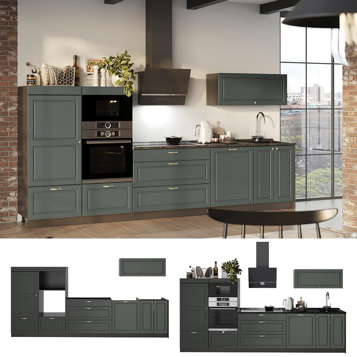 KÜCHENZEILE Fame-Line, Grün-Gold Landhaus/Anthrazit, 340 cm, AP Marmor - Anthrazit/Grün, Holzwerkstoff (340/153.6/60cm) - Vicco
