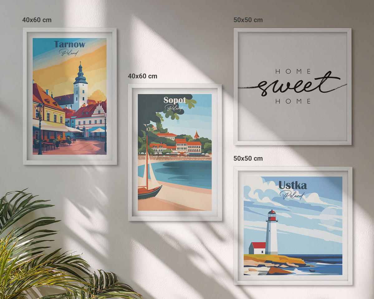 BILDER SET 4er Set - 50x50 cm & 40x60 cm Weißer Rahmen - Polnische Städte Ustka Tarnów Sopot - Weiß, Kunststoff (50/50cm) - TULUP