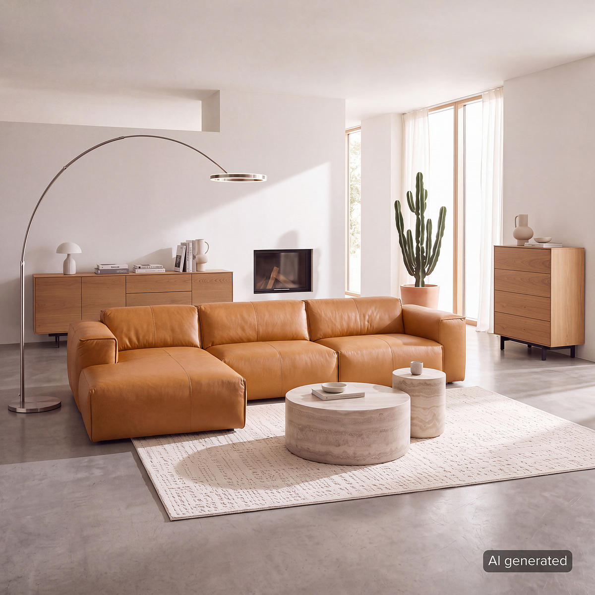 3-SITZER ECKSOFA mit Longchair - Cognac/Schwarz, Leder/Kunststoff (317/173cm) - home24