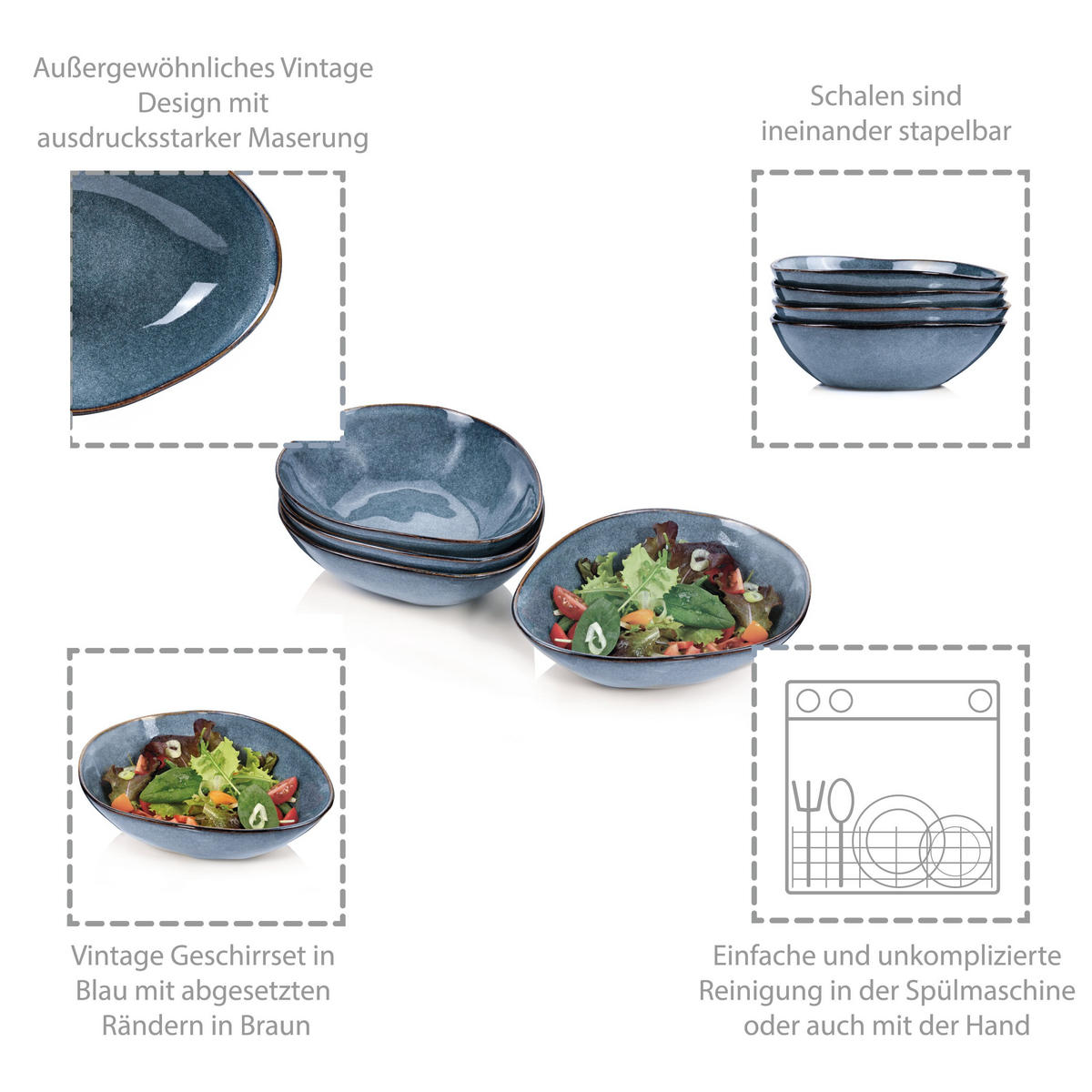 SALATSCHALEN SET DARWIN - 4 teilig aus Steingut - Blau, Keramik (20cm) - Sänger