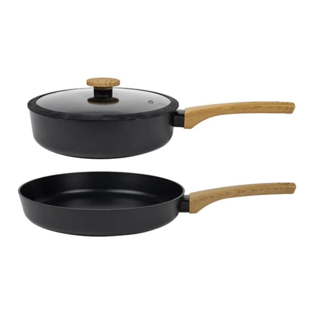 PFANNENSET Terra 3-Teilig, Induktionspfannen Edelstahl, 24cm Schmorpfanne Mit Glasdeckel, 28cm Bratpfanne, Antihaftbeschichtung, Spülmaschinenfest - Schwarz, Glas/Holz - Sabatier