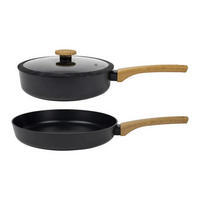 PFANNENSET Terra 3-Teilig, Induktionspfannen Edelstahl, 24cm Schmorpfanne Mit Glasdeckel, 28cm Bratpfanne, Antihaftbeschichtung, Spülmaschinenfest - Schwarz, Glas/Holz - Sabatier