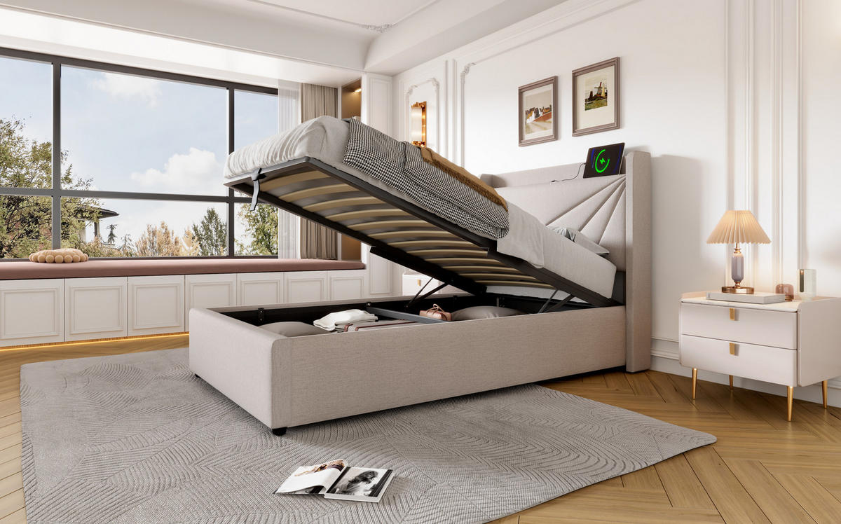 POLSTERBETT 90/200 cm Beige aus Baumwolle, Leinen und Metall mit Bettkasten und Ladefunktion - Beige, Textil (90/200cm) - OKMYHOME