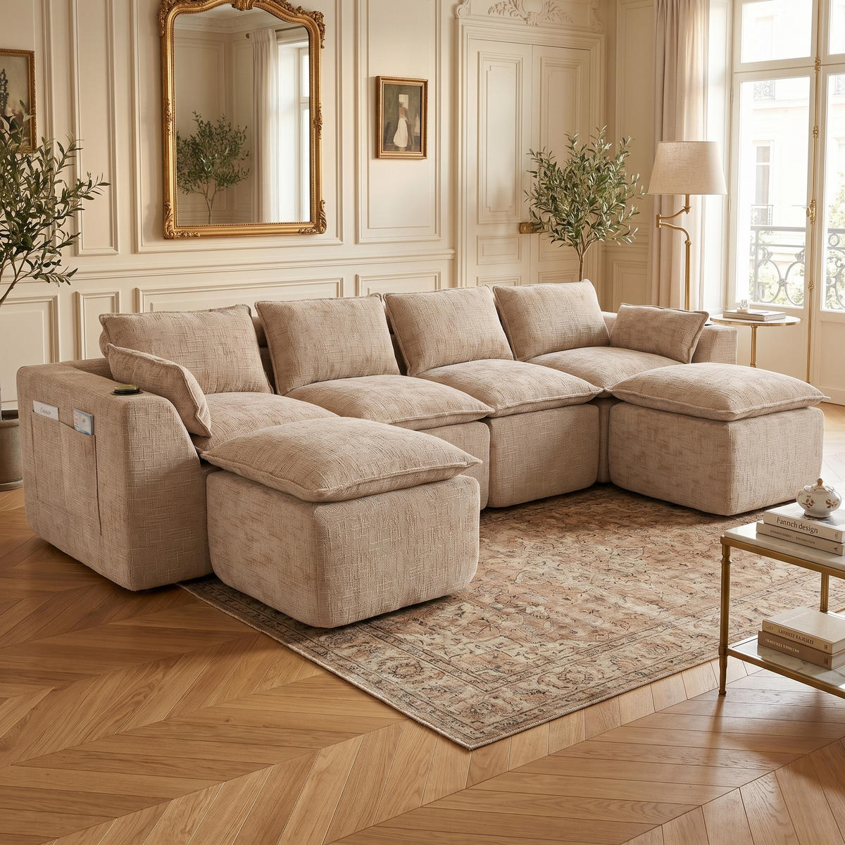 CANAPEA CU 4 LOCURI din chenille, cu 2 taburete și suporturi pentru băuturi - nisipiu, material textil (322/75/161cm) - Urban Meuble