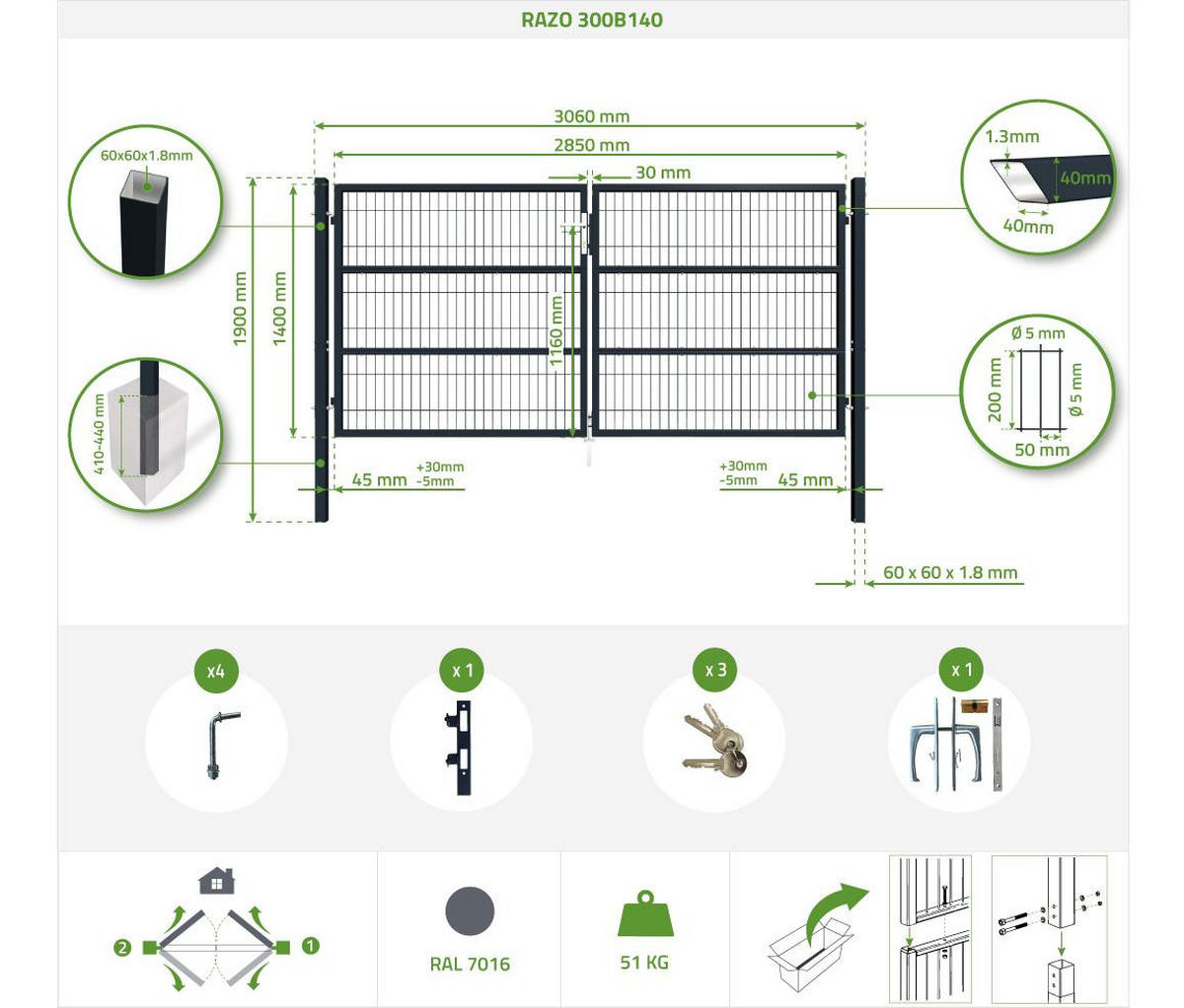 ZAUNTOR Razo Grau 3m H.140cm + TÜRCHEN 1m H.140cm - Grau, Metall (306/146cm) - Casanoov
