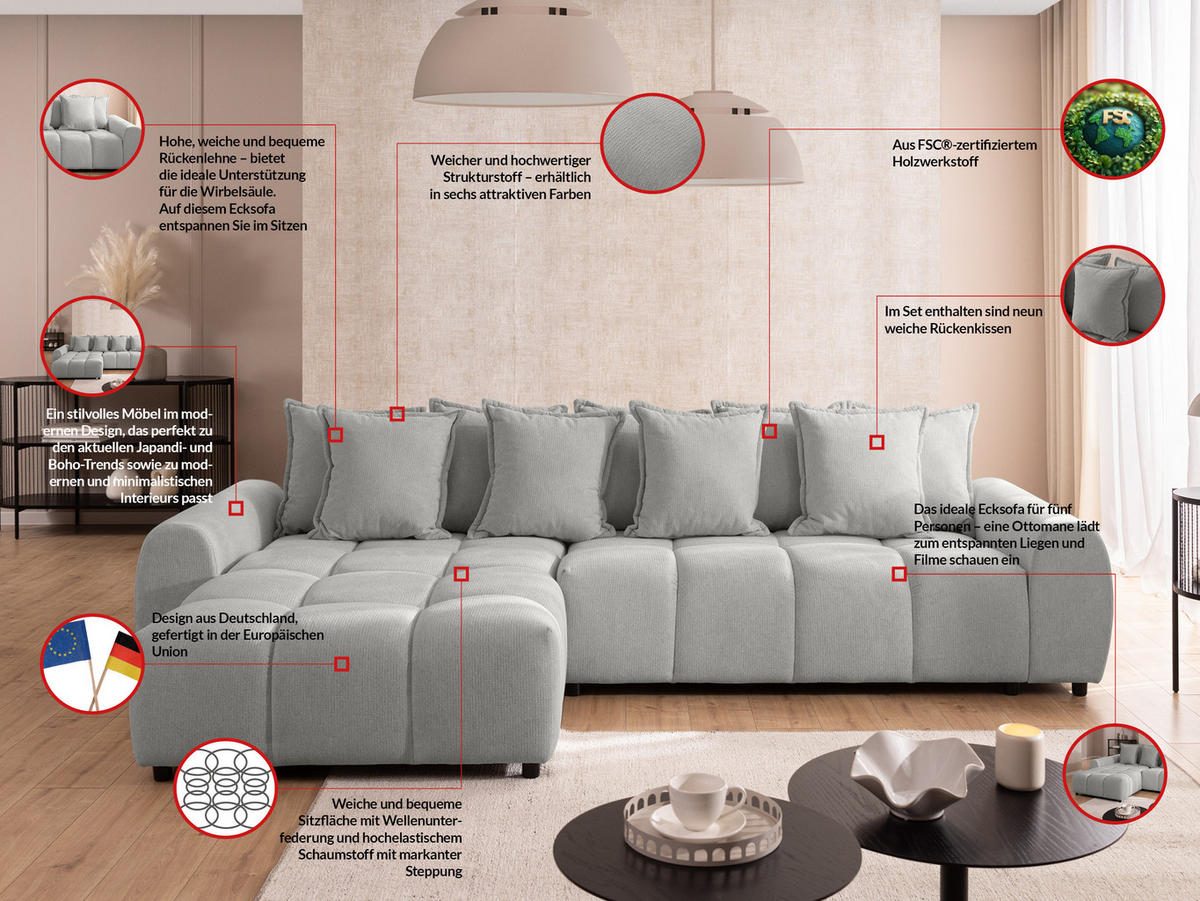 ECKSOFA Bubble mit losen Rückenkissen und Sitzfläche in Bubble-Optik aus weichem Hellgrau Strukturstoff mit schöner Sitzkomfort - Ottomane links - Hellgrau/Schwarz, Holz/Kunststoff (180/306cm) - S-Style Möbel