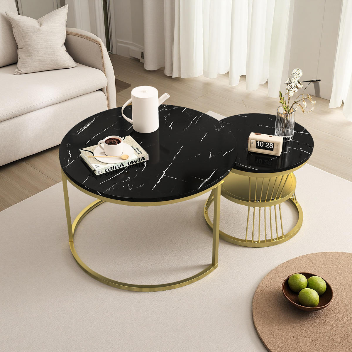 COUCHTISCH-SET Marmoroptik Schwarz, Metallgestell Gold, 2er Set - Goldfarben/Schwarz, Metall (70/70/45.5cm) - SHOPENTRA