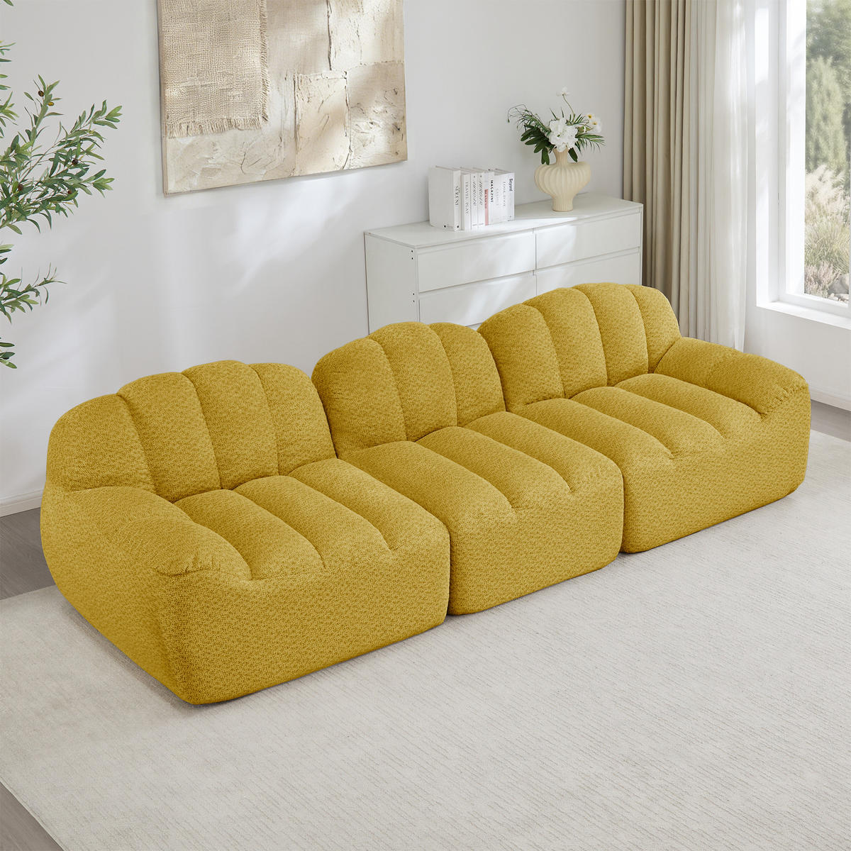 3-SITZER Sofa 288×104×79 cm Granuliertes Fleece rahmenlos modular, gelb - Gelb, Textil (104/79/288cm)