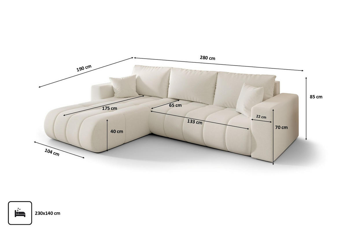 ECKSOFA mit schlaffunktion und bettkasten MILO PREMIUM, stoff WIND, Ecru, Links - Ecru, Holz (280/190cm) - Kaiser Möbel
