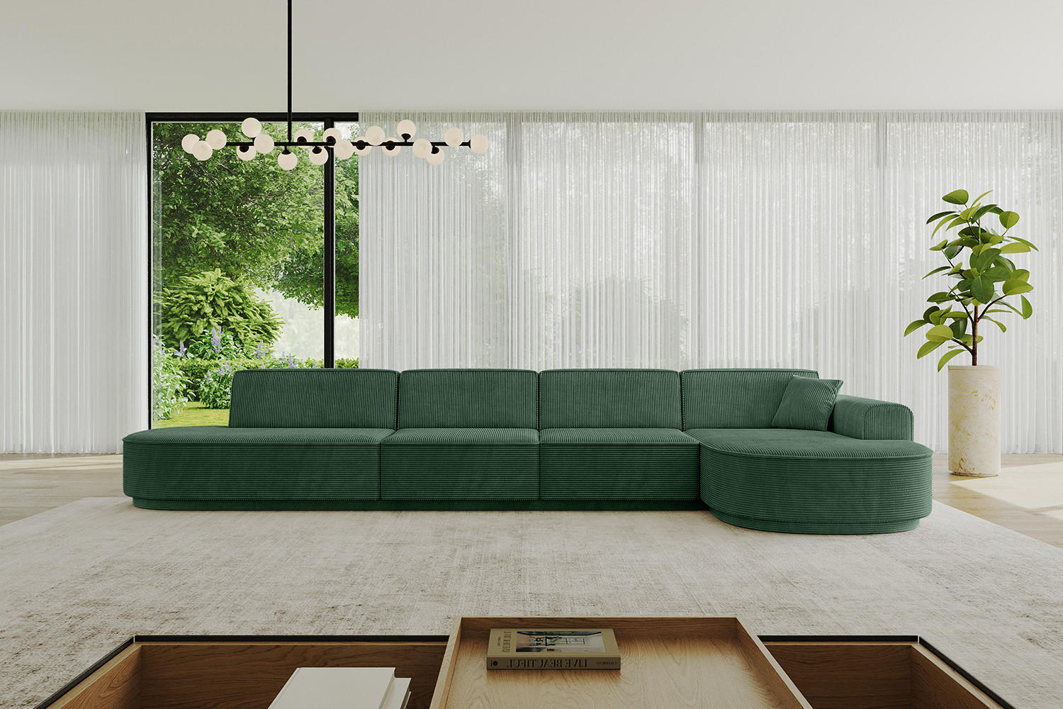 ECKSOFA Ottomane Rechts MARI-L3-v3 - 402x163x81 cm Grün Cord - Schwarz/Grün, Holzwerkstoff/Kunststoff (402/163cm) - ALTDECOR