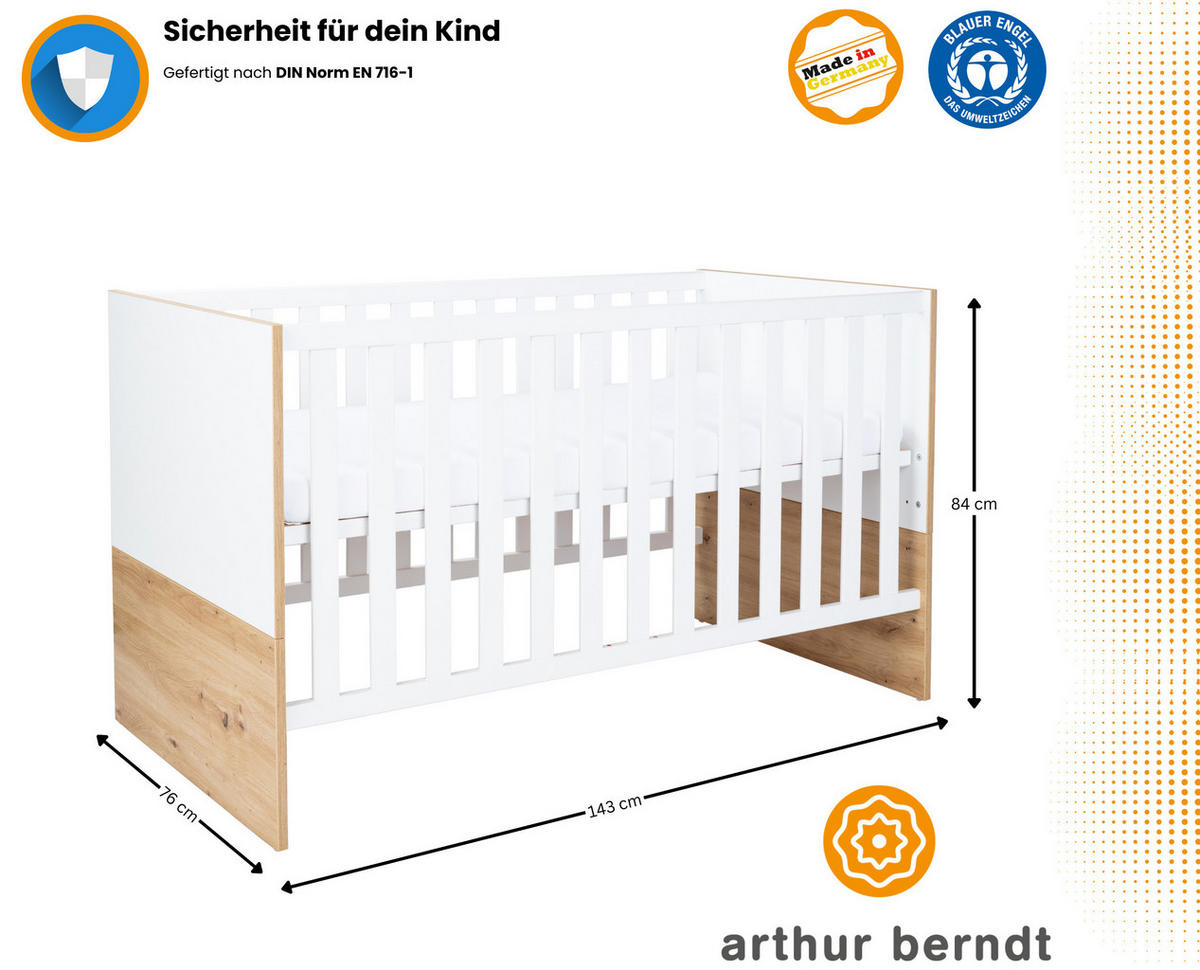 BABYZIMMER SET Maxim 2-tlg. Wickelkommode Babybett - Weiß/Eiche Artisan, Holzwerkstoff (1/1/1cm) - arthur berndt