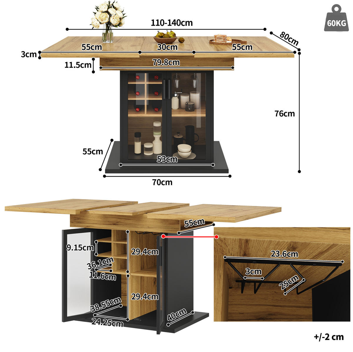 ESSTISCH 110-140/80/76 cm in Schwarz aus MDF mit Weinregal und Glastür - Schwarz, Holzwerkstoff (110/80/76cm) - Flora Grace
